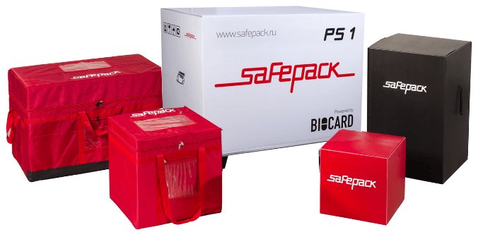 Белый термобокс Biocard SafePack PS 1 в окружении термоконтейнеров SafePack для перевозки и хранения температурных грузов